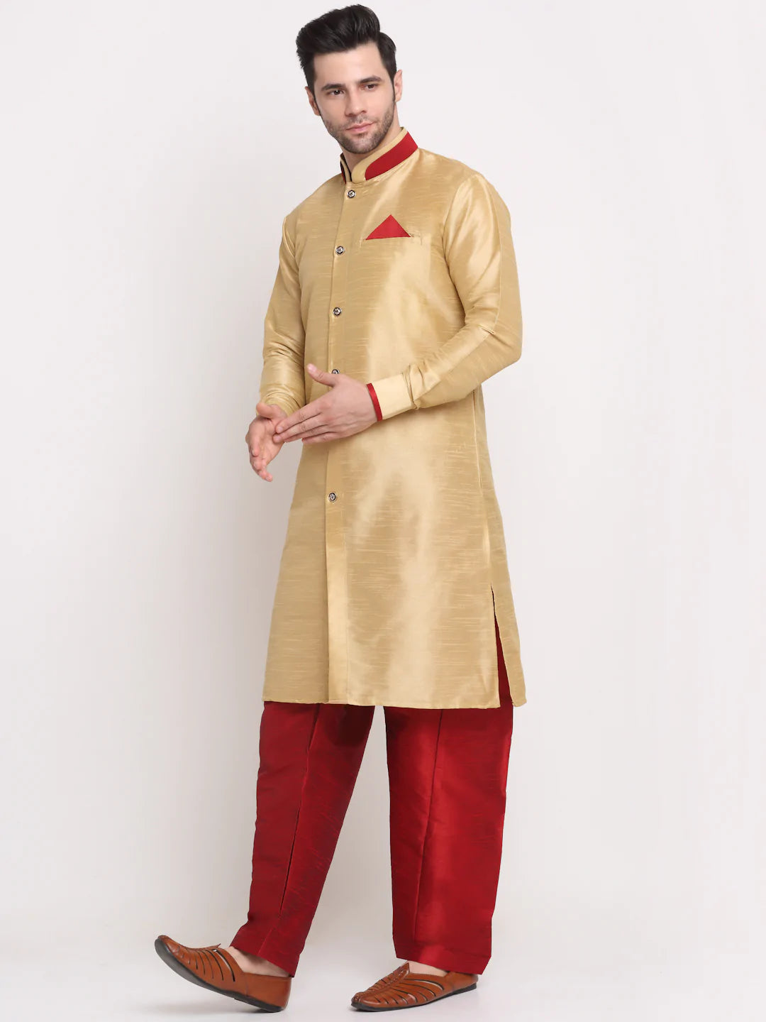 Kalyum Men's Gold Solid Kurta with Maroon Pyjamas Set - Distacart