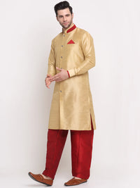 Thumbnail for Kalyum Men's Gold Solid Kurta with Maroon Pyjamas Set - Distacart
