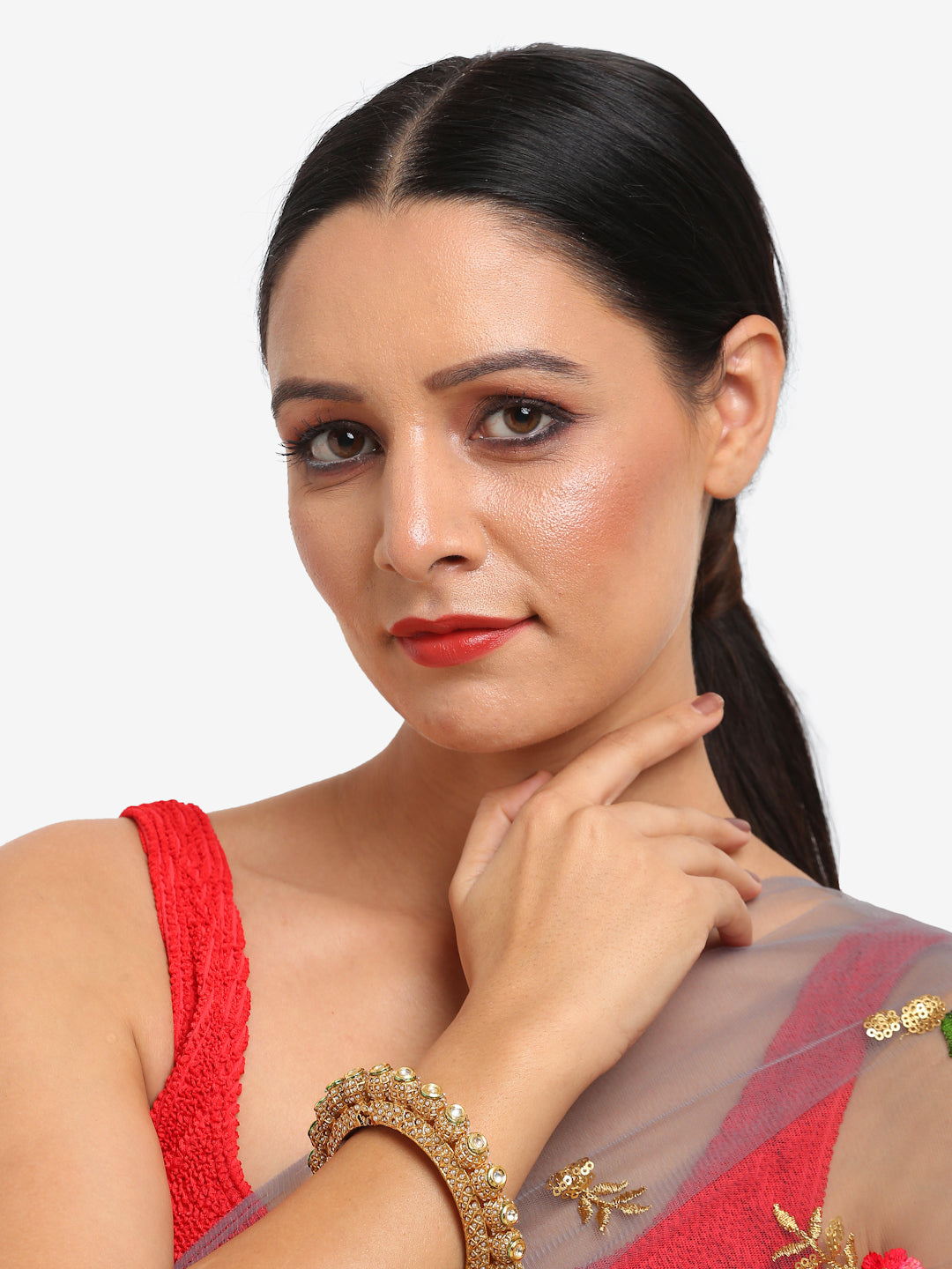 Gold-Plated White Pearl Studded Beaded Bangle - Ruby Raang - Distacart