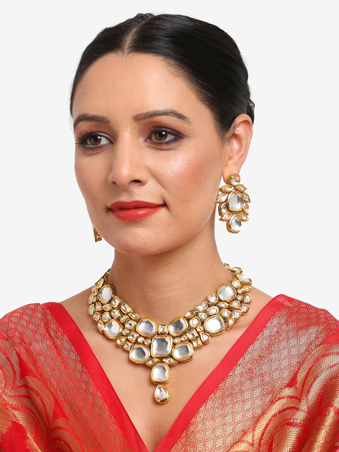 Gold-Toned Kundan Necklace With Earrings - Ruby Raang - Distacart