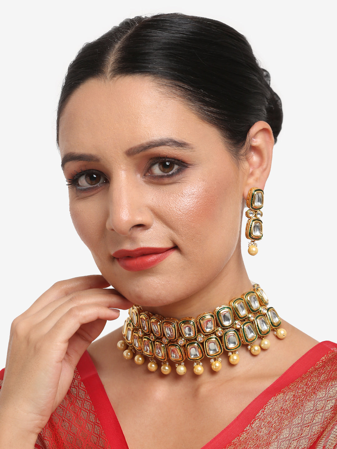 White Gold Toned Meenakari Kundan Choker With Earrings - Ruby Raang - Distacart