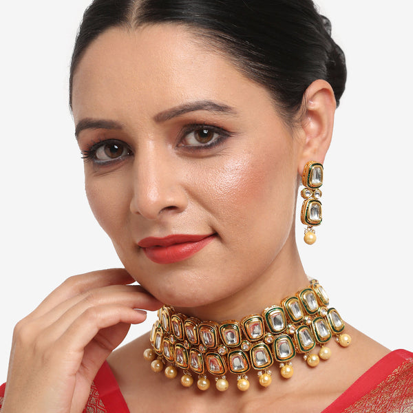 White Gold Toned Meenakari Kundan Choker With Earrings - Ruby Raang - Distacart