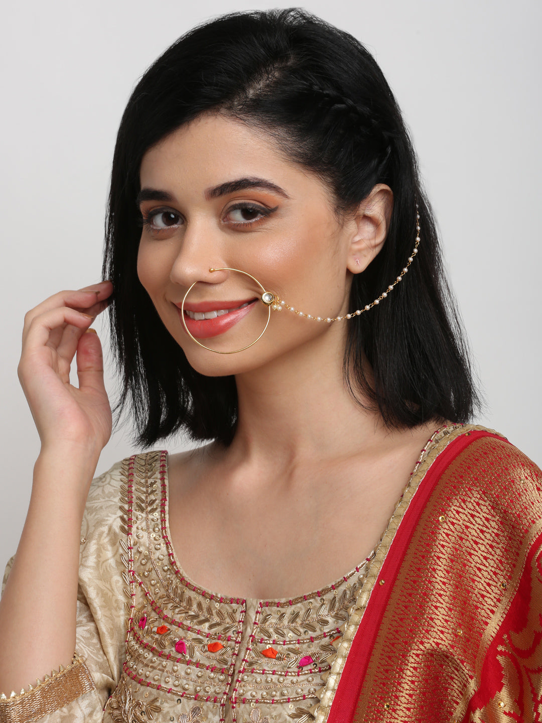 Gold Plated Kundan Nose Ring - Ruby Raang - Distacart
