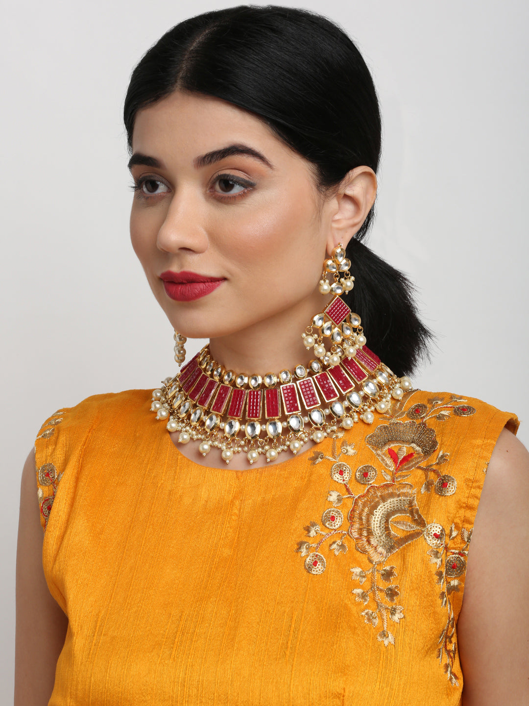 Long Kundan Neckpiece With Earrings - Ruby Raang - Distacart