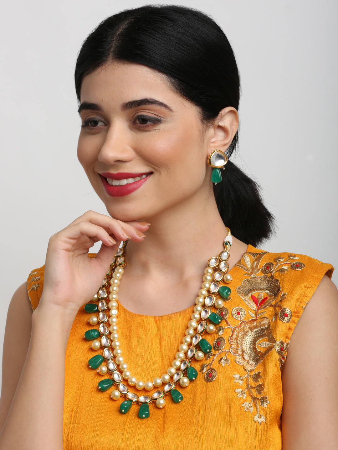 Long Kundan Neckpiece With Earrings - Ruby Raang - Distacart