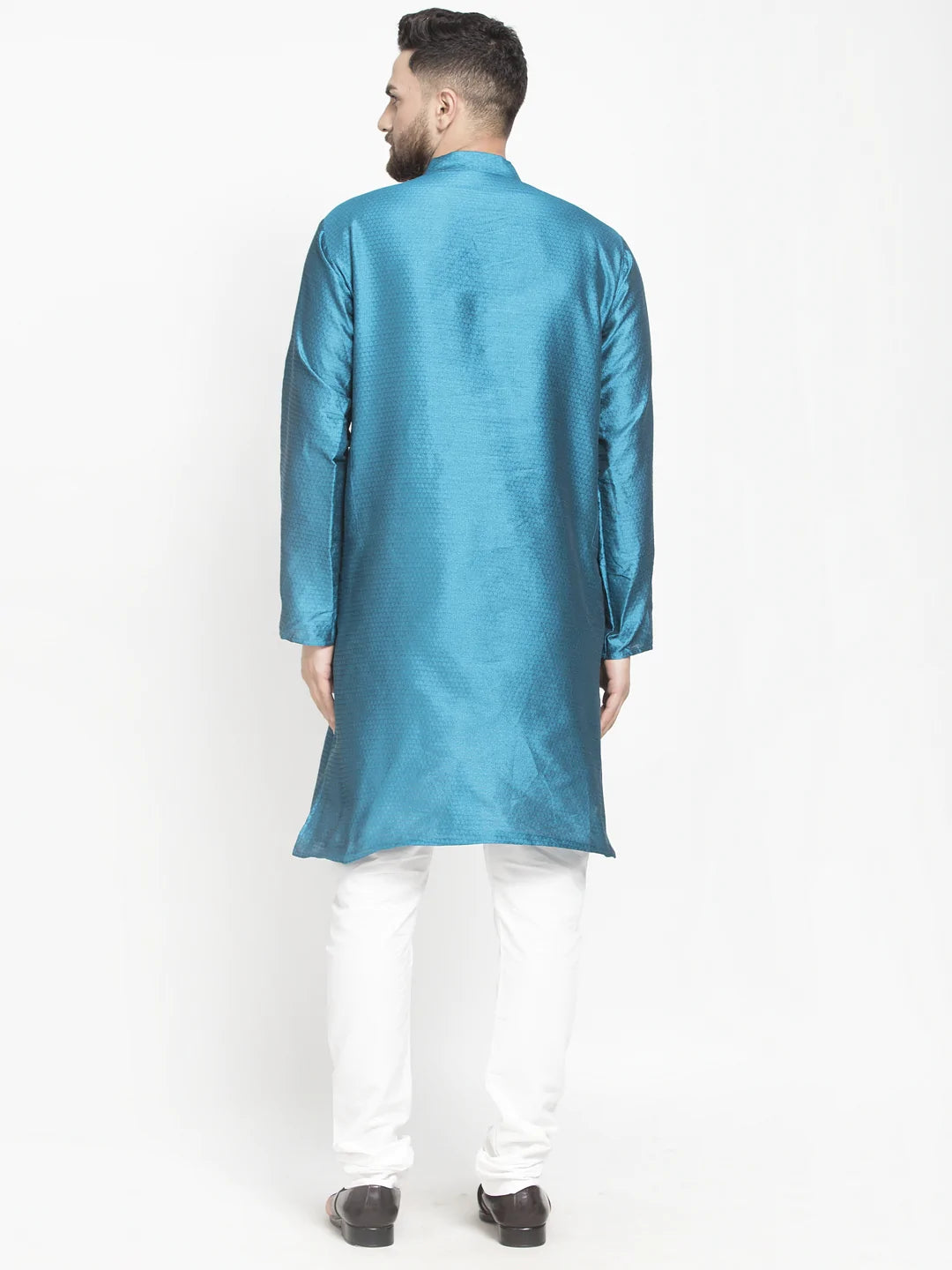 Kalyum Men's Peacock Blue Self Design Kurta with White Churidaar Pyjama - Distacart