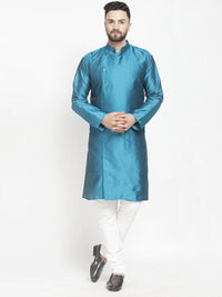 Thumbnail for Kalyum Men's Peacock Blue Self Design Kurta with White Churidaar Pyjama - Distacart