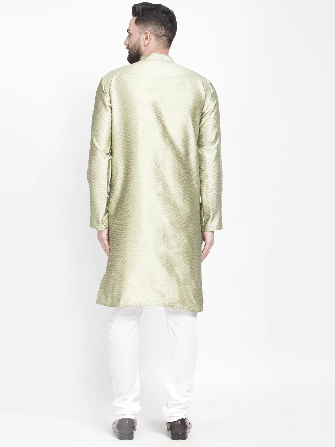 Kalyum Men's Beige Self Design Kurta with White Churidaar Pyjama - Distacart