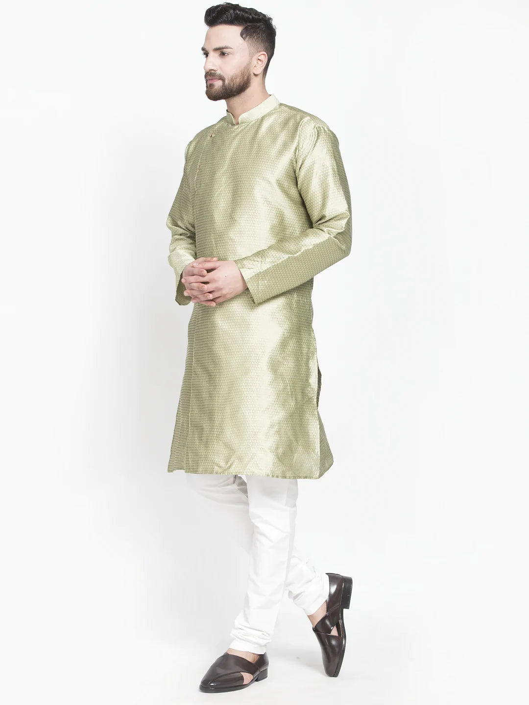 Kalyum Men's Beige Self Design Kurta with White Churidaar Pyjama - Distacart