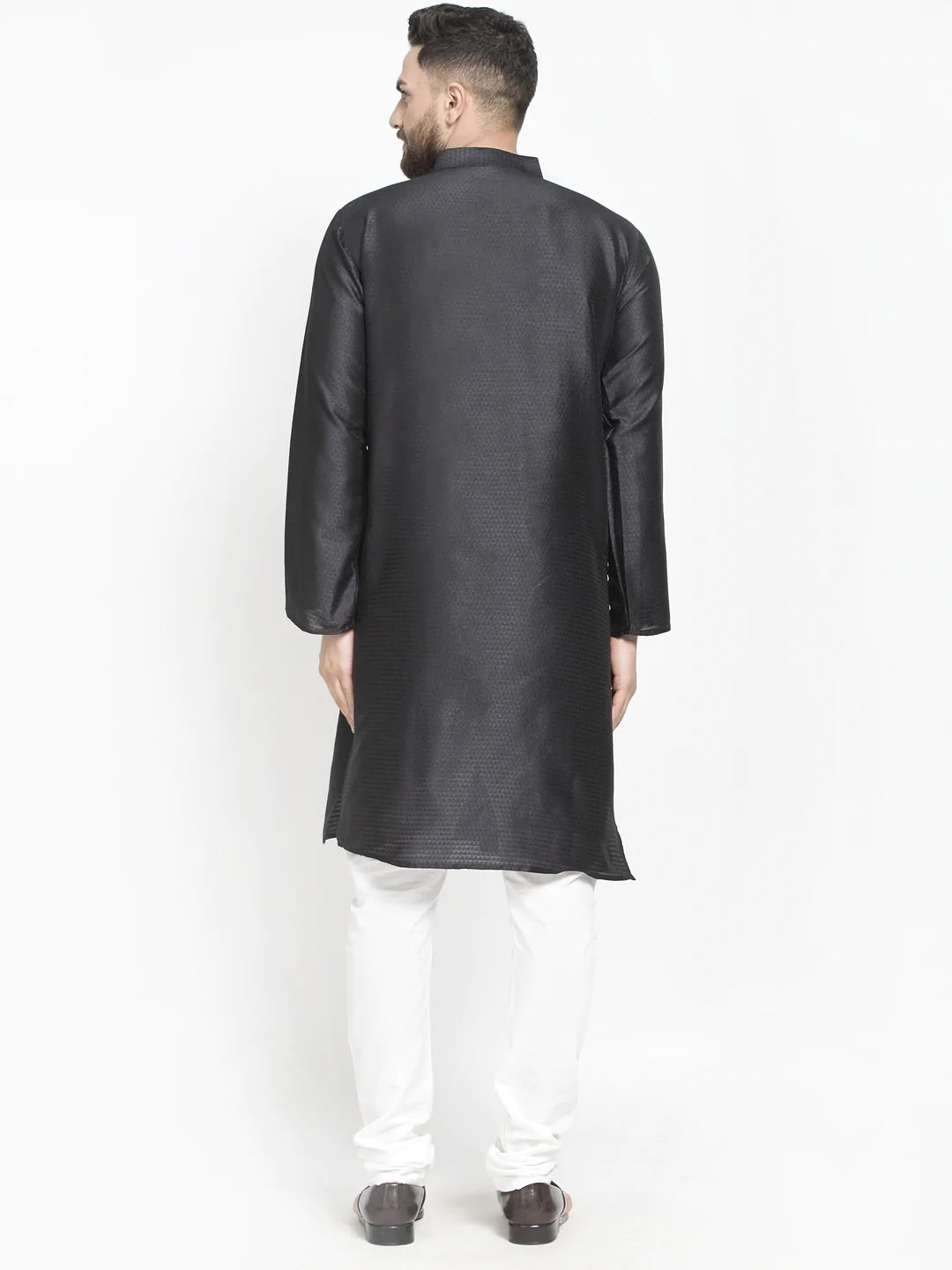 Kalyum Men's Black Self Design Kurta with White Churidaar Pyjama - Distacart