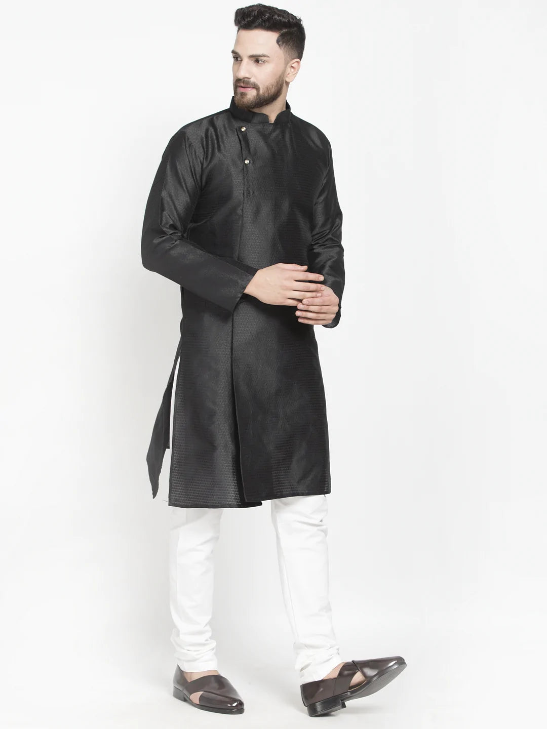 Kalyum Men's Black Self Design Kurta with White Churidaar Pyjama - Distacart