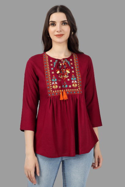 House of RP Women Marron Rayon Embroidered Flared Tunic - Distacart