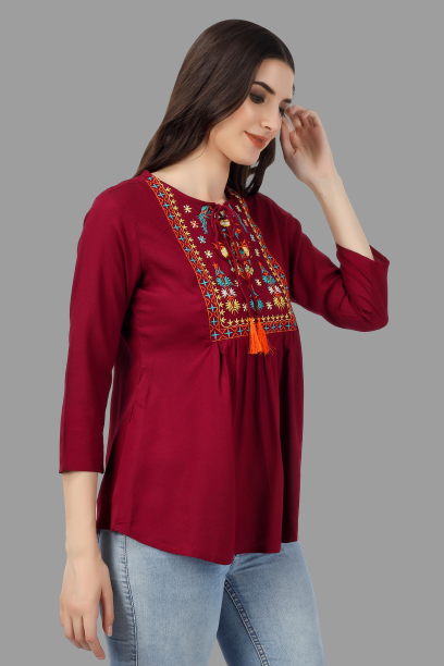 House of RP Women Marron Rayon Embroidered Flared Tunic - Distacart