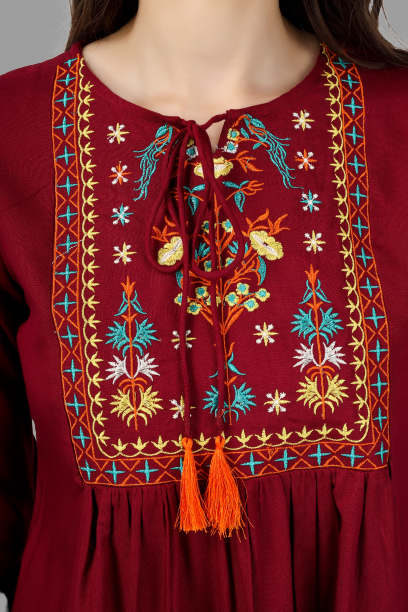 House of RP Women Marron Rayon Embroidered Flared Tunic - Distacart