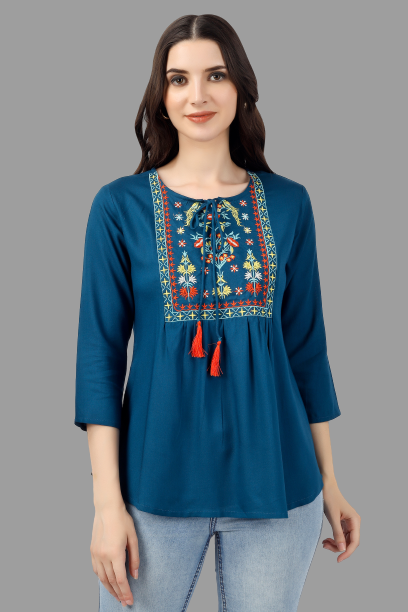 House of RP Women Light Blue Rayon Embroidered Flared Tunic - Distacart