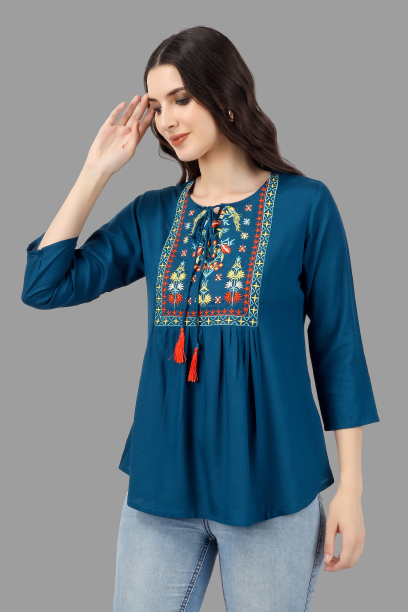 House of RP Women Light Blue Rayon Embroidered Flared Tunic - Distacart