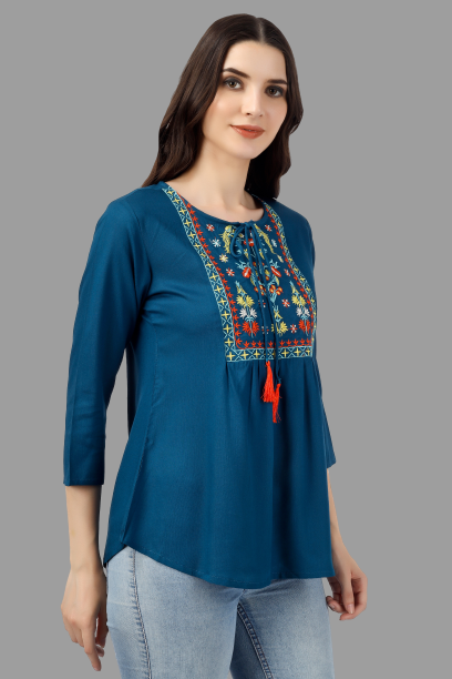 House of RP Women Light Blue Rayon Embroidered Flared Tunic - Distacart