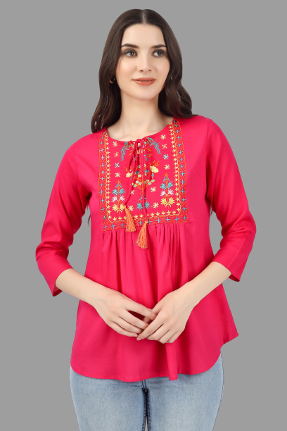 House of RP Women Pink Rayon Embroidered Flared Tunic - Distacart