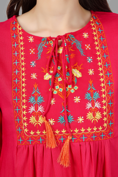 House of RP Women Pink Rayon Embroidered Flared Tunic - Distacart