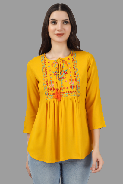 House of RP Women Yellow Rayon Embroidered Flared Tunic - Distacart