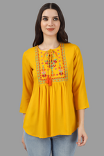 Thumbnail for House of RP Women Yellow Rayon Embroidered Flared Tunic - Distacart