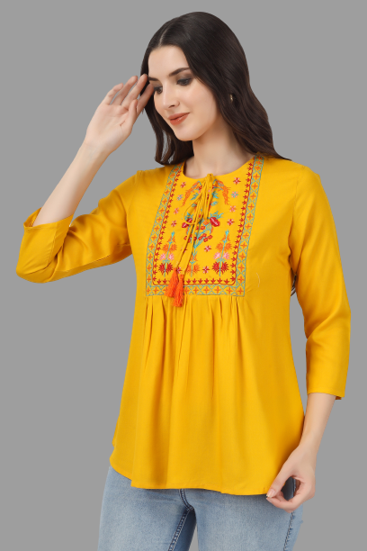House of RP Women Yellow Rayon Embroidered Flared Tunic - Distacart