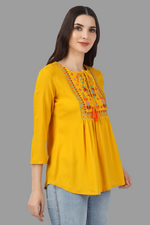 Thumbnail for House of RP Women Yellow Rayon Embroidered Flared Tunic - Distacart