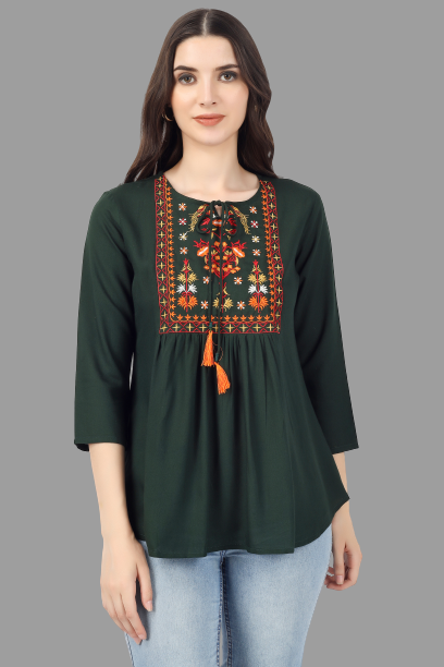 House of RP Women Green Rayon Embroidered Flared Tunic - Distacart