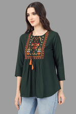 Thumbnail for House of RP Women Green Rayon Embroidered Flared Tunic - Distacart