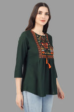 Thumbnail for House of RP Women Green Rayon Embroidered Flared Tunic - Distacart