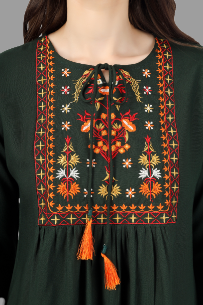 House of RP Women Green Rayon Embroidered Flared Tunic - Distacart