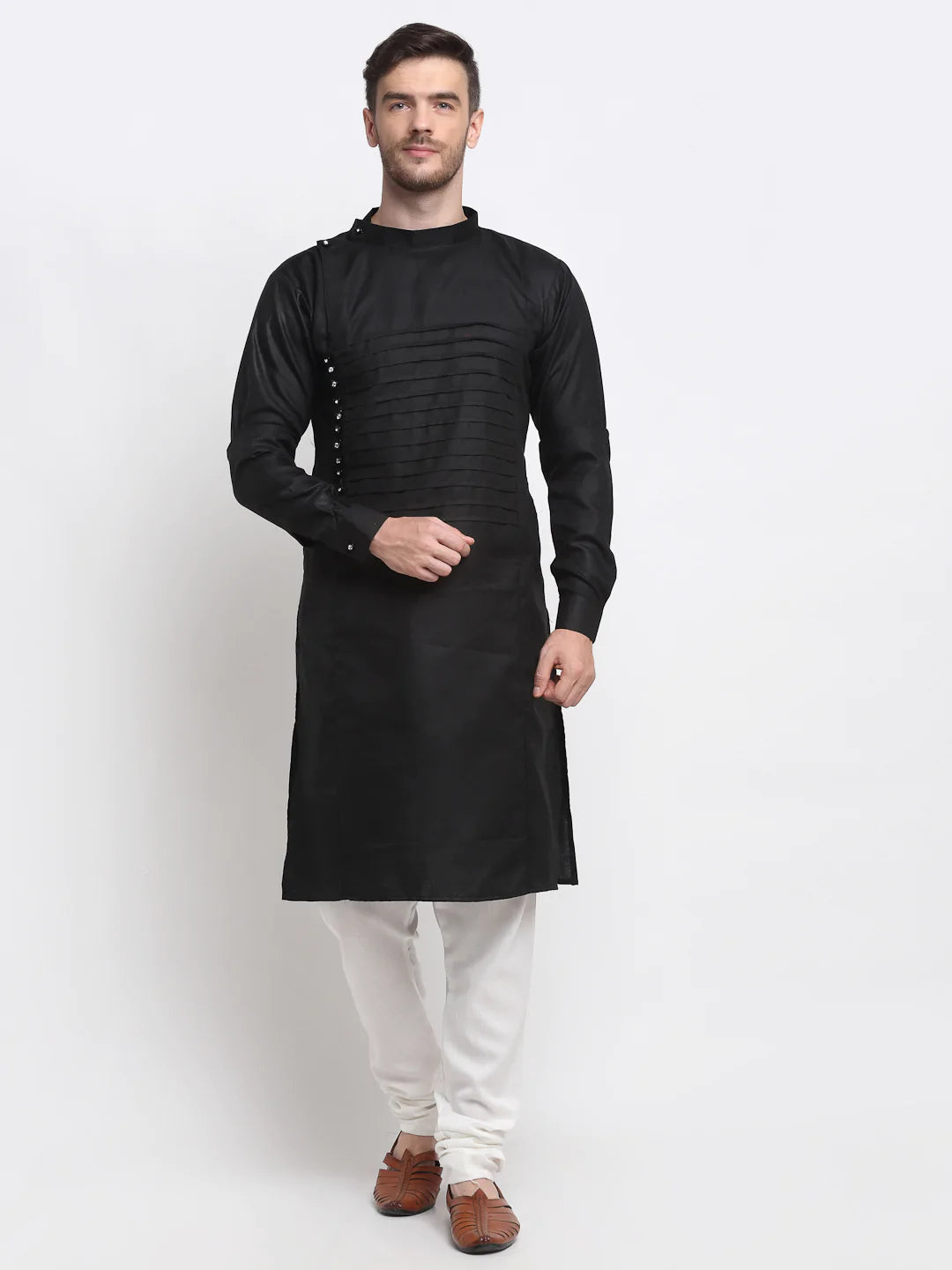 Kalyum Men's Black pintuck Design Kurta with White Churidaar Pyjama - Distacart