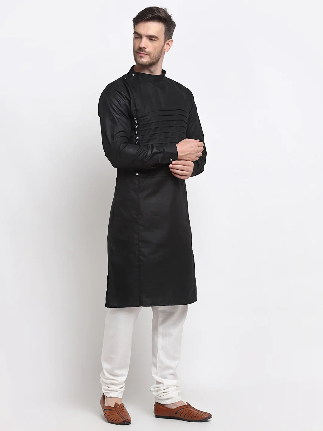 Kalyum Men's Black pintuck Design Kurta with White Churidaar Pyjama - Distacart