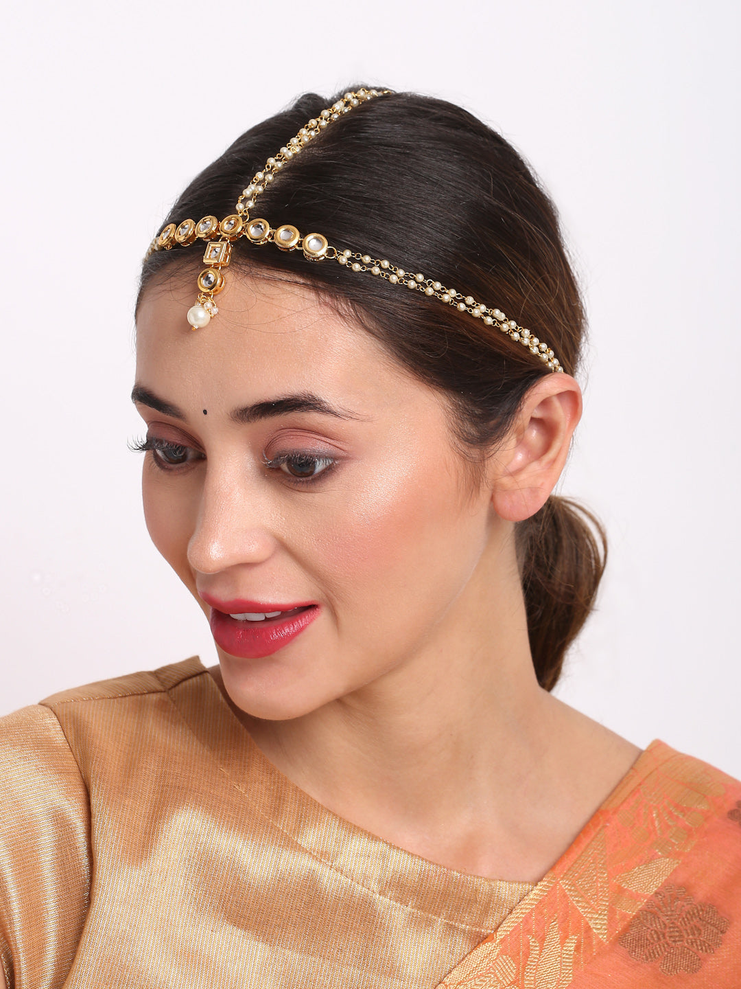 Gold Plated White Kundan Beaded Matha Patti - Ruby Raang - Distacart