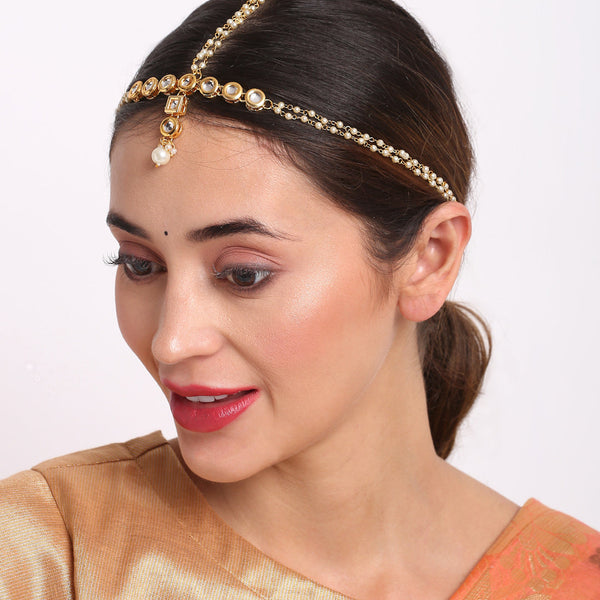 Gold Plated White Kundan Beaded Matha Patti - Ruby Raang - Distacart