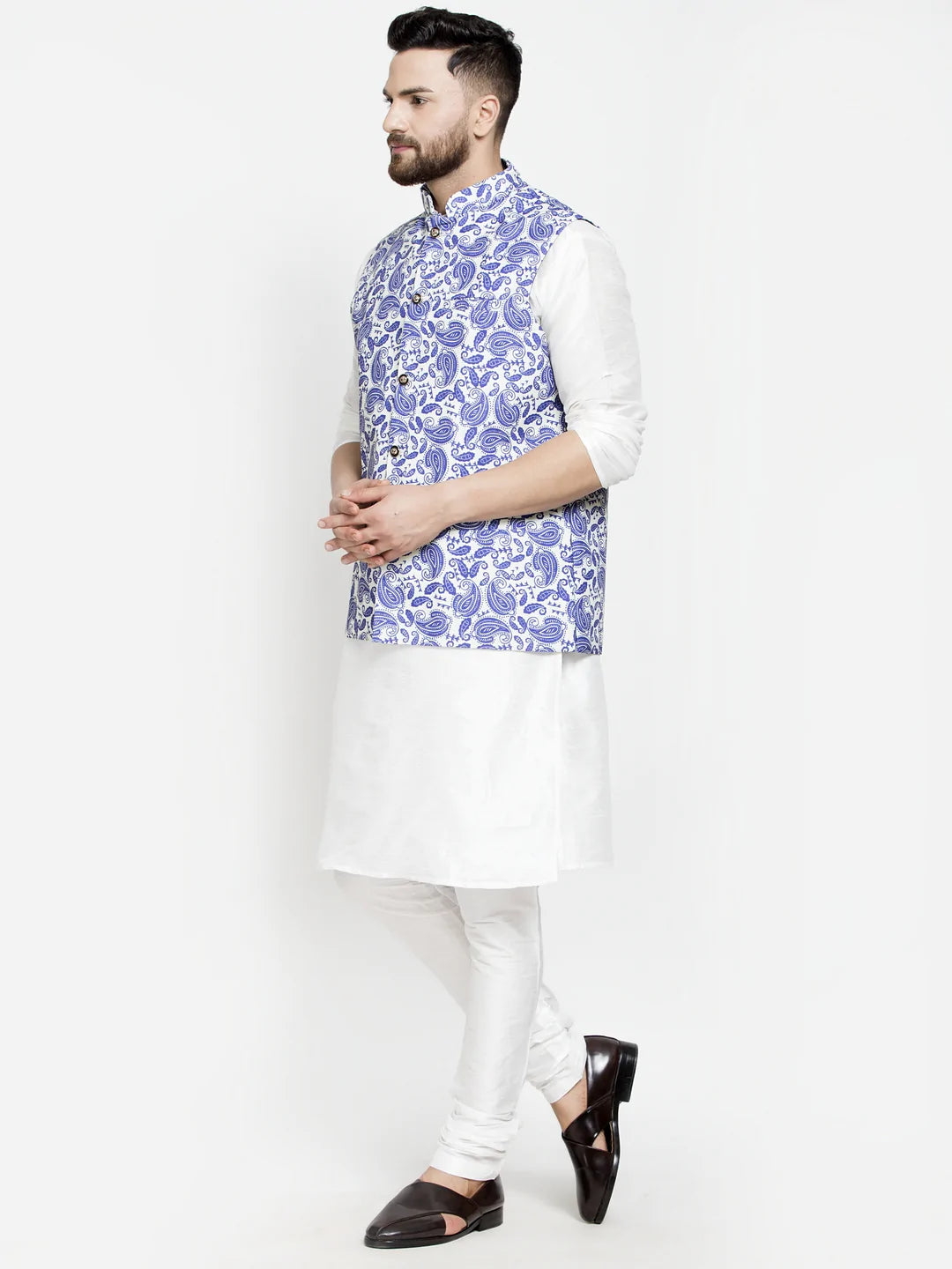 Kalyum Men's Silk Blend White Kurta With Pyjama & Blue Printed Nehru Jacket - Distacart