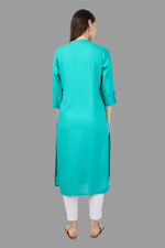 Thumbnail for House of RP Women's Turquoise Rayon Chicken Embroidered Straight Kurta - Distacart