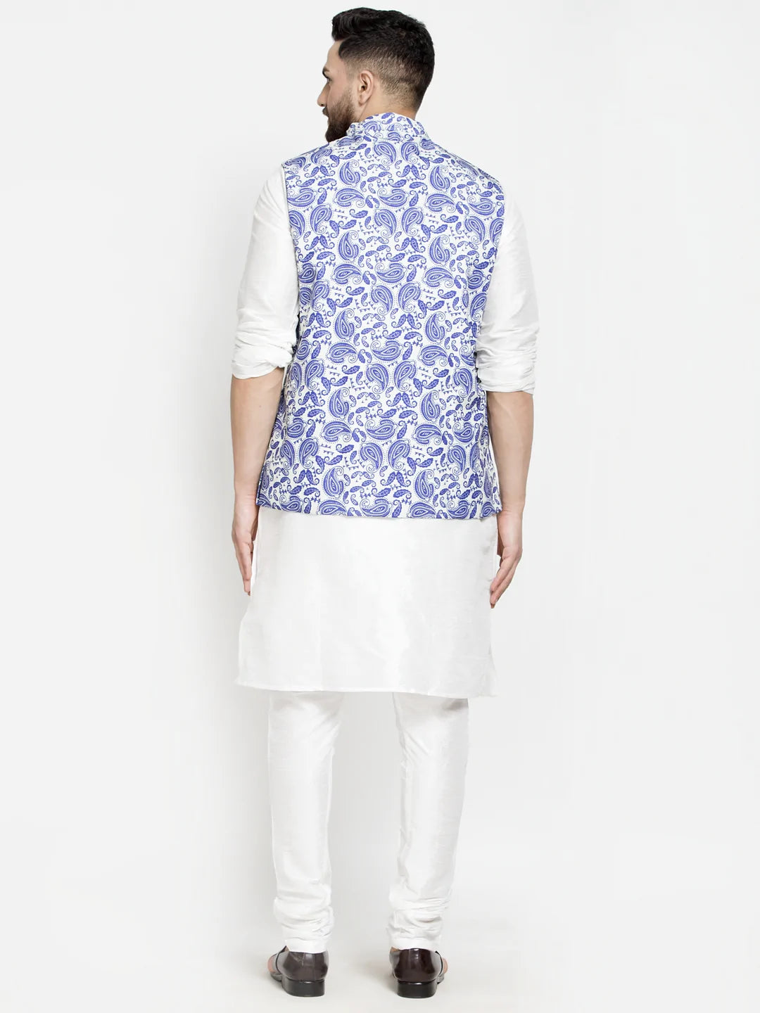 Kalyum Men's Silk Blend White Kurta With Pyjama & Blue Printed Nehru Jacket - Distacart