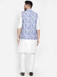 Thumbnail for Kalyum Men's Silk Blend White Kurta With Pyjama & Blue Printed Nehru Jacket - Distacart
