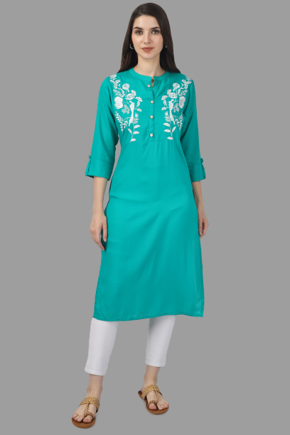 House of RP Women's Turquoise Rayon Chicken Embroidered Straight Kurta - Distacart