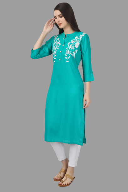 House of RP Women's Turquoise Rayon Chicken Embroidered Straight Kurta - Distacart