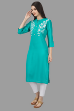Thumbnail for House of RP Women's Turquoise Rayon Chicken Embroidered Straight Kurta - Distacart