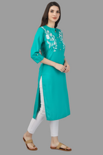 Thumbnail for House of RP Women's Turquoise Rayon Chicken Embroidered Straight Kurta - Distacart