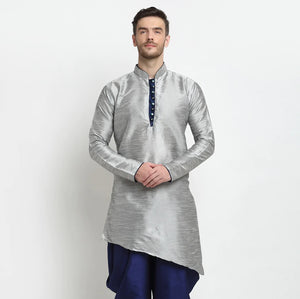 Kalyum Men's Silk Blend Grey Asymmetrica Short Kurta - Distacart