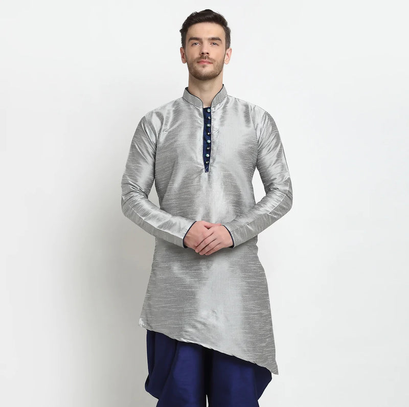 Kalyum Men&#39;s Silk Blend Grey Asymmetrica Short Kurta - Distacart