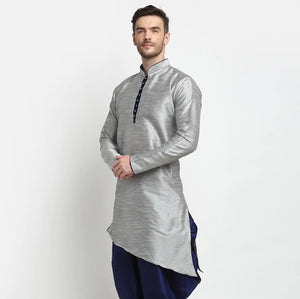 Kalyum Men's Silk Blend Grey Asymmetrica Short Kurta - Distacart