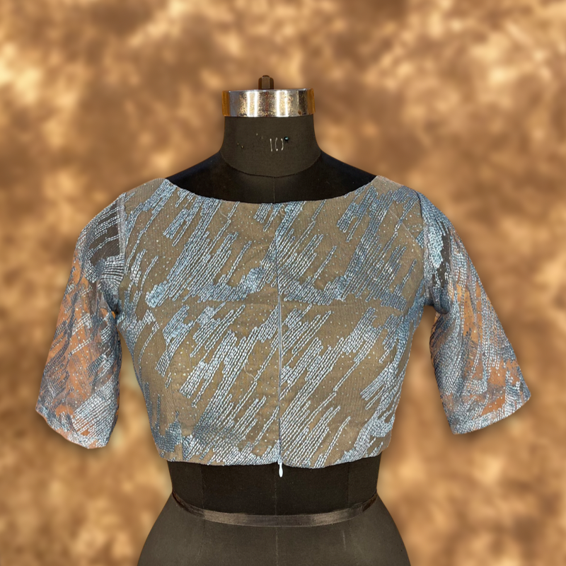 Rubbed Fine Art Sky Gry Coloured Net With Embroidrey Ready to Wear Blouse - kapda Tailor - Distacart