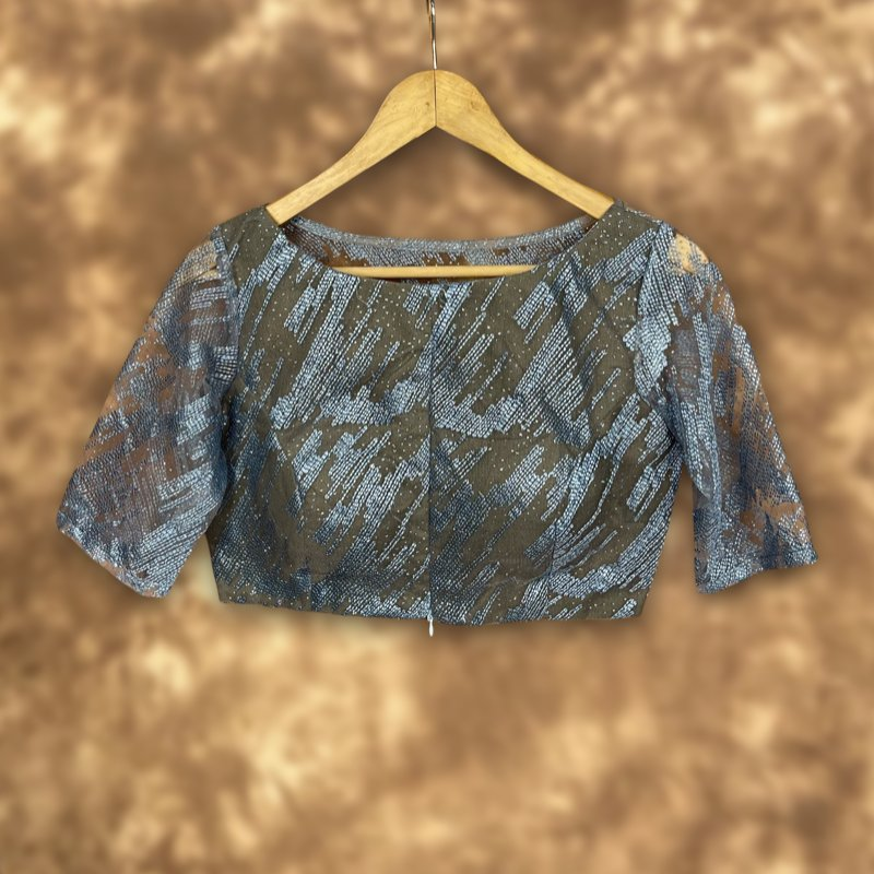 Rubbed Fine Art Sky Gry Coloured Net With Embroidrey Ready to Wear Blouse - kapda Tailor - Distacart