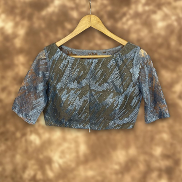Rubbed Fine Art Sky Gry Coloured Net With Embroidrey Ready to Wear Blouse - kapda Tailor - Distacart