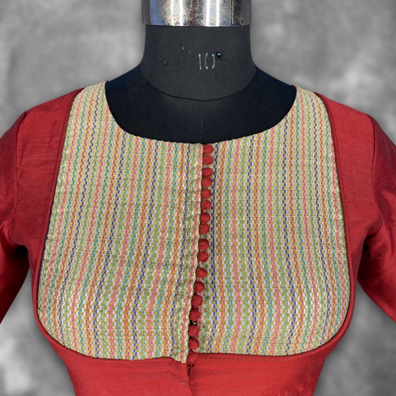 Tradition Reloded Red/Gold Coloured Chanderi Silk / Brocket Ready to Wear Blouse - kapda Tailor - Distacart